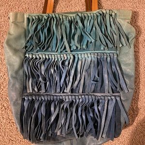 Anthropologie leather ombré fringe tote bag